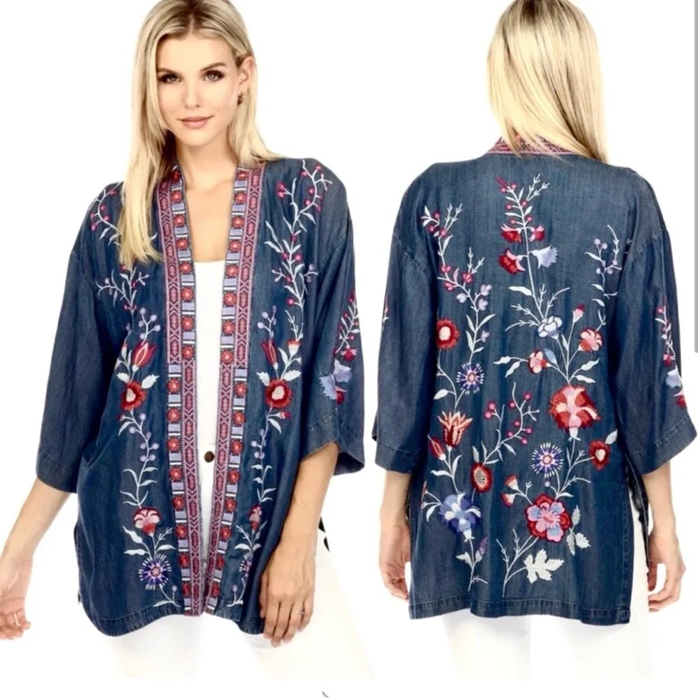 JOHNNY WAS Piper NEW Shirt Tail Kimono Denim Blue Embroidered Floral Size L NEW - Picture 10 of 11